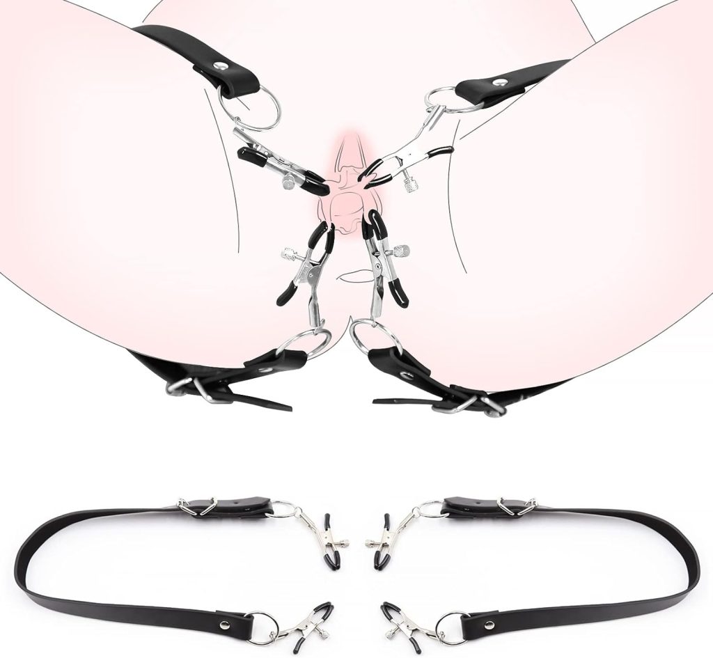 abia Spreader for Women, BDSM Pussy Clamp Nipple Clamps Clitoral Clips with Adjustable Leather Straps Rubber Tips, Fetish Bondage Vagina Stimulator